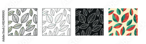 Set of four seamless leaf patterns showing different artistic styles from hand-drawn sketch and outline to a modern flat geometric design for textile or wallpaper prints