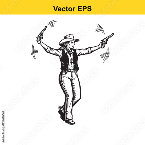 Vintage engraving of a female gunslinger cowboy holding two pistols isolated on