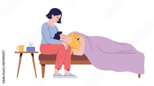 emotional support and compassion illustration showing a comforting moment between two people in a cozy bedroom setting