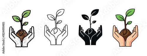 Set of four icons showing hands holding a small plant sprout with soil, representing growth and care in various artistic styles like sketch, line art, silhouette, and cartoon