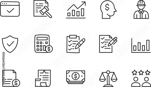 Finance and Business Line Icons Set for Accounting, Analysis, Investment, Compliance, Management