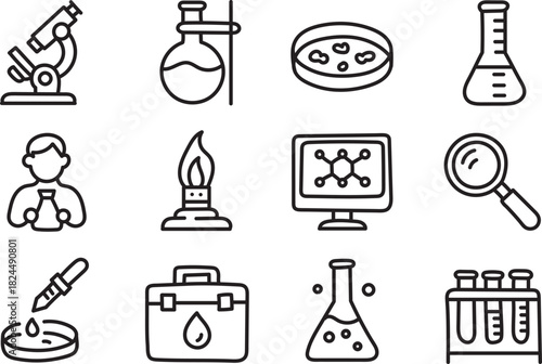 Laboratory Science Line Icons Set for Research, Chemistry, Experiments, Biotechnology, Analysis