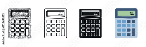 Set of four calculator icons presented in various artistic styles including hand-drawn sketch, simple outline, solid silhouette, and a flat color vector illustration