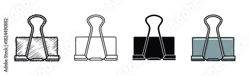 Set of four binder clips in various artistic styles including hand-drawn sketch, simple outline, solid black silhouette, and a flat color illustration for office supplies