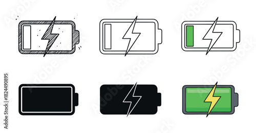 Collection of battery charging icons in various styles including hand-drawn doodle, line art, and silhouette, illustrating different power levels and charging status for energy concepts