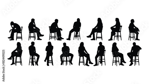 Diverse silhouettes of people sitting on stools isolated on white background, Vector