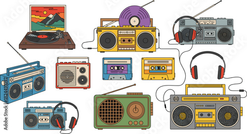 Vector Illustration Set of Retro Audio Equipment, Including Boomboxes, Cassette Tapes, Radios, Headphones, and a Turntable, Perfect for Music, Vintage, and Nostalgia Graphics
