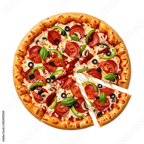 Freshly baked pizza with one slice being pulled away, set against a transparent background. It has basil leaves, pepperoni, tomatoes, black olives, green peppers and diced mushrooms.
