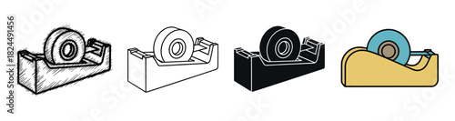 Four adhesive tape dispenser vector icons presented in a collection of styles: hand-drawn scribble, clean line art, simple glyph, and colorful flat design illustration