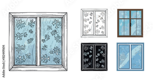 Collection of five different winter window illustrations featuring icy frost and snowflake designs, presented in sketch, flat vector, and black and white silhouette styles