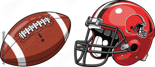 Vector Illustration of an American Football and a Red Protective Helmet with Face Mask, Essential Equipment for Sports, Game Day Graphics, and Team Competition Concepts