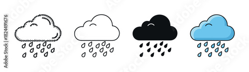 Set of four rain cloud icons in various graphic styles including sketch, line art, silhouette, and color, representing weather forecast and precipitation concepts
