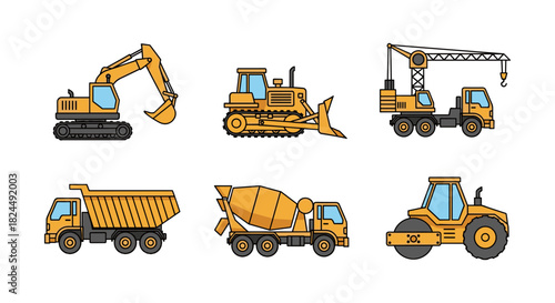Set of construction vehicles in flat style: excavator, bulldozer, crane, dump truck