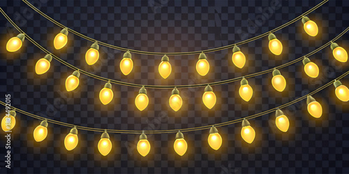 Christmas Warm yellow layered string lights on transparent background, multiple rows of glowing bulbs, festive decoration for seasonal and holiday designs