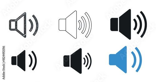 Set of six speaker volume icons in various styles including sketch, line art, and solid fill for user interface design, audio control, and multimedia concepts