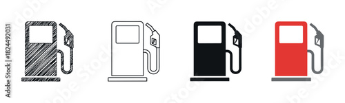 Gas pump icon set in four different styles including hand-drawn sketch, thin line, solid black silhouette, and flat color design for transportation and energy concepts