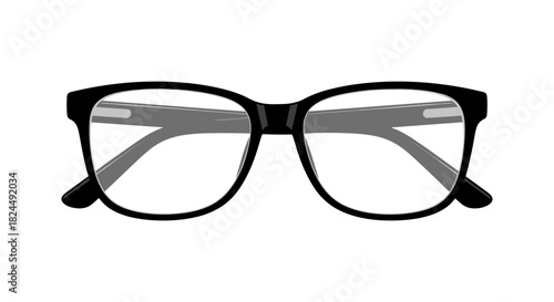 Stylish black eyeglasses with transparent lenses on white background