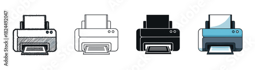 Set of four printer icons showing different graphic styles including a hand-drawn sketch, a simple outline, a solid black silhouette, and a modern flat color design