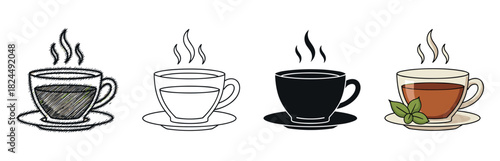Set of four illustrated cups of hot tea or coffee in different artistic styles including sketch, line art, silhouette, and a colored cartoon version with mint leaves
