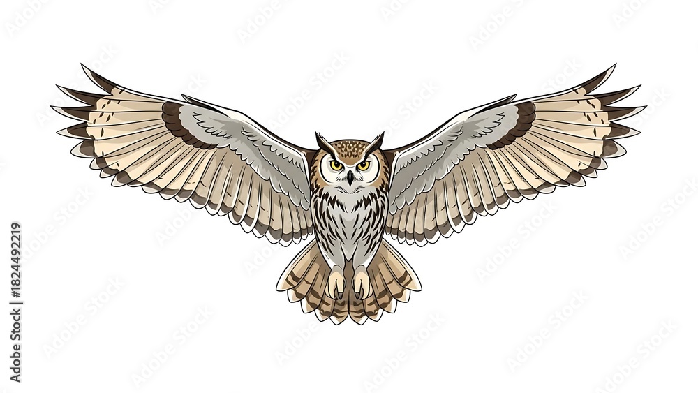 Fototapeta premium Majestic owl soaring with wings spread wide, a symbol of wisdom and freedom for nature projects and educational materials, perfect for branding