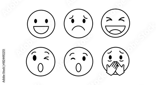 Simple emoticon set: expressive faces in linear style for digital communication