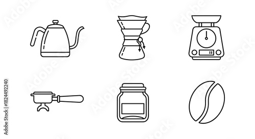 Line art coffee equipment icons: kettle, chemex, scale, portafilter, jar, bean