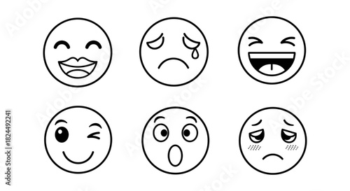 Minimalist emoji faces: variety of emotions in line art style