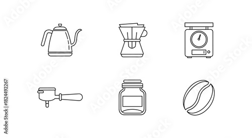 Minimalist coffee brewing icons with line art style for cafe and kitchen themes