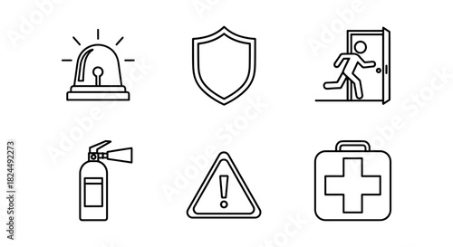 Emergency and safety outline icons with alarm, shield, and first aid symbols