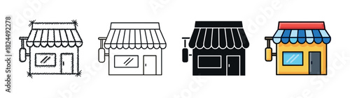 Four storefront vector icons presented in a collection of styles, including a hand-drawn sketch, simple outline, solid black glyph, and a full-color cartoon illustration