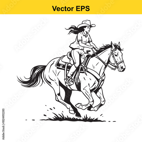 Black and white vector illustration of a cowgirl riding a galloping horse
