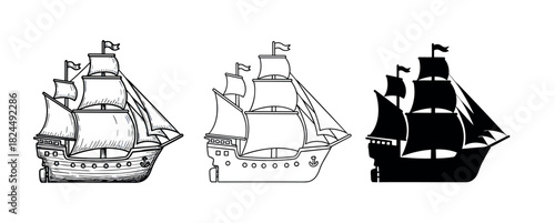 Collection of four vintage sailing ship illustrations showing different artistic styles including detailed sketch, simple outline, black silhouette, and a colorful flat design
