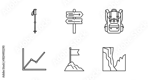 Minimalist outdoor adventure icons featuring hiking, navigation, and travel equipment
