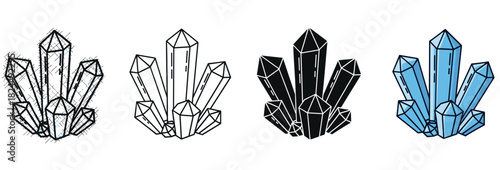Set of four crystal cluster illustrations presented in different graphic styles, including a hatched sketch, clean line art, a solid black silhouette, and a simple colored version