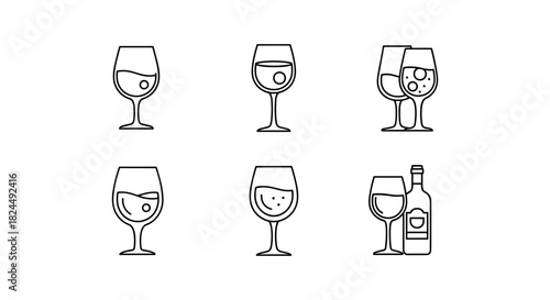 Minimal linear wine glass icons with different liquid levels and wine bottle