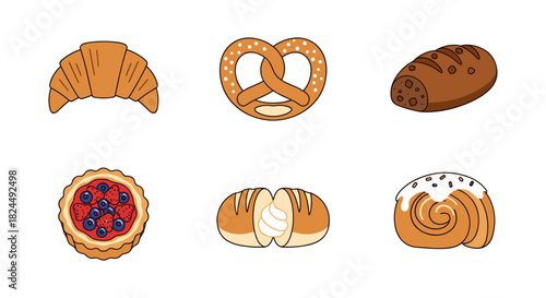 Collection of bakery icons featuring pastry, bread, pretzel, and fruit tart