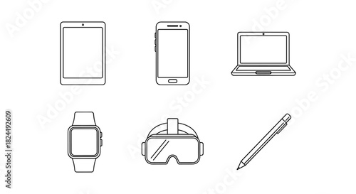Minimalist linear icons set: gadgets and electronics for everyday use