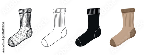Collection of four crew sock icons in multiple graphic styles, featuring a detailed hand-drawn doodle, a clean black outline, a solid dark silhouette, and a simple flat color vector