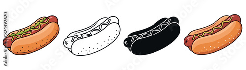 Hot dog illustration set with four different graphic styles including full color, black and white line art, and a simple silhouette icon for fast food design