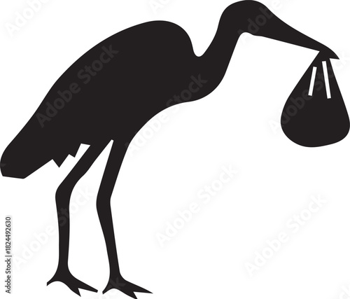 Silhouette of a stork carrying a baby bundle in its beak