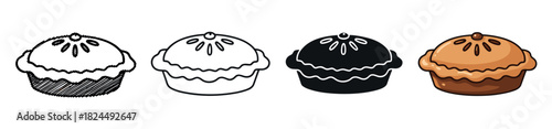 Collection of four pie illustrations showing different graphic styles like hand-drawn sketch, simple outline, solid silhouette, and a vibrant full-color cartoon version