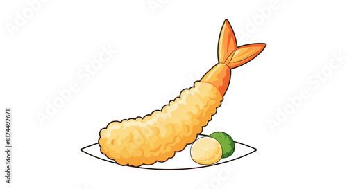 Crispy tempura shrimp with lemon and lettuce on plate in cartoon style