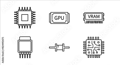 Linear icons of computer hardware components: gpu, vram, and processors in minimalist style
