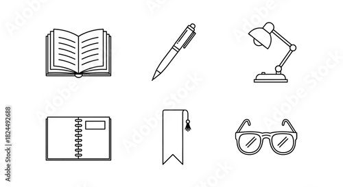 Minimalist office essentials: open book, pen, lamp, notebook, bookmark, glasses icons