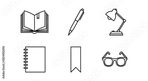 Minimalist office icons: book, pen, lamp, notebook, bookmark, glasses