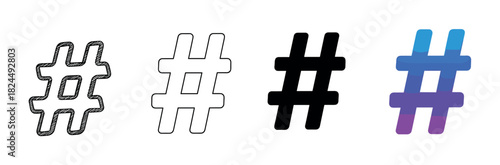Hashtag symbol icon set in four different styles including hand-drawn sketch, line art, solid black silhouette, and a colorful gradient design