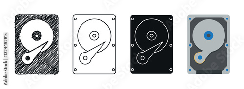 Set of four hard disk drive icons presented in different artistic styles, including hand-drawn sketch, outline, solid glyph, and colorful flat design for technology concepts