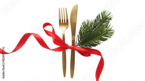 Elegant golden fork and knife tied with a vibrant red ribbon and a sprig of evergreen fir isolated on transparent background