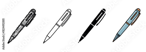 Set of four ballpoint pen icons presented in various artistic styles, including a hand-drawn sketch, a simple outline, a solid black silhouette, and a colored cartoon illustration