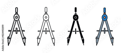 Collection of four drawing compass icons shown in different graphic styles, from a hand-drawn sketch and simple outline to a solid silhouette and a colored flat design